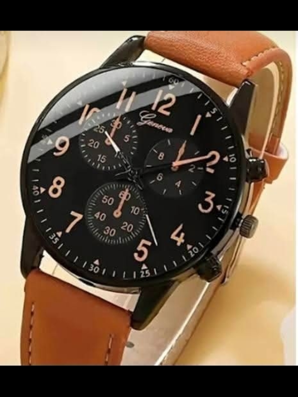 Geneva Black Dial Watch with Tan Leather Strap